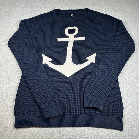 H&M Knit Anchor Sweater Men's XL 100% Cotton Navy Crewneck Pullover Nautical - Picture 1 of 6